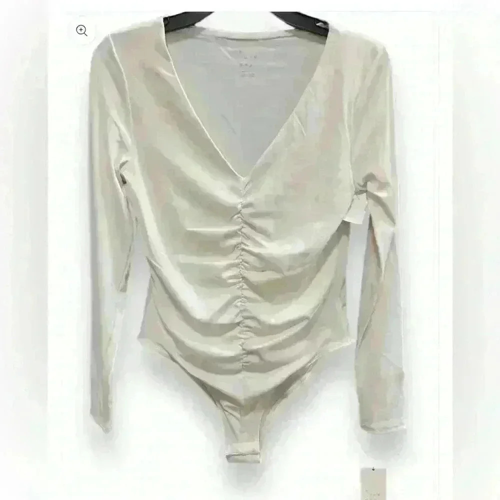 NWT A NEW DAY RUCHED CREAM DEEP V NECK BODYSUIT
